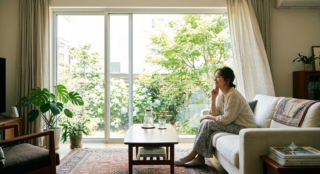 明るく風が通る、オシャレな北欧風リビングの窓辺。差し込む柔らかな光と、お部屋の涼しげな空気感が伝わる写真を挿入。
